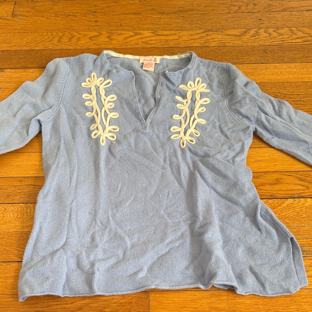 Light Blue Women's Knit Sweater with Cream Embroidery